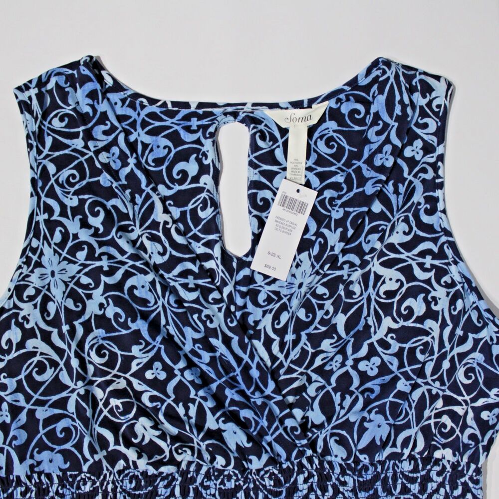 Soma Sleeveless Casual Smocked Mini Dress Blue Floral Hippie Boho Women Size XL - Picture 4 of 10